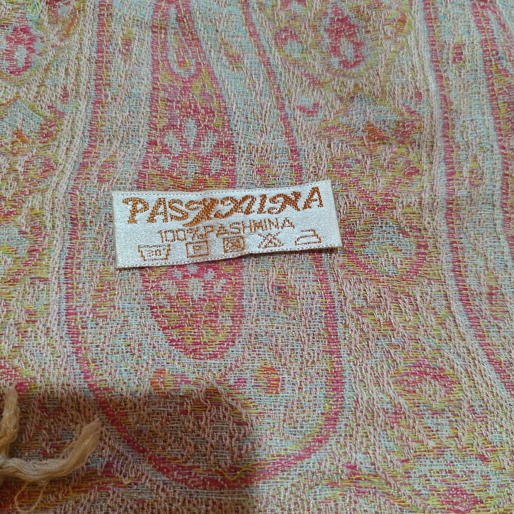 100% Pashmina Paisley Scarf Wrap Fringe Shawl Pink Gold - Picture 4 of 4